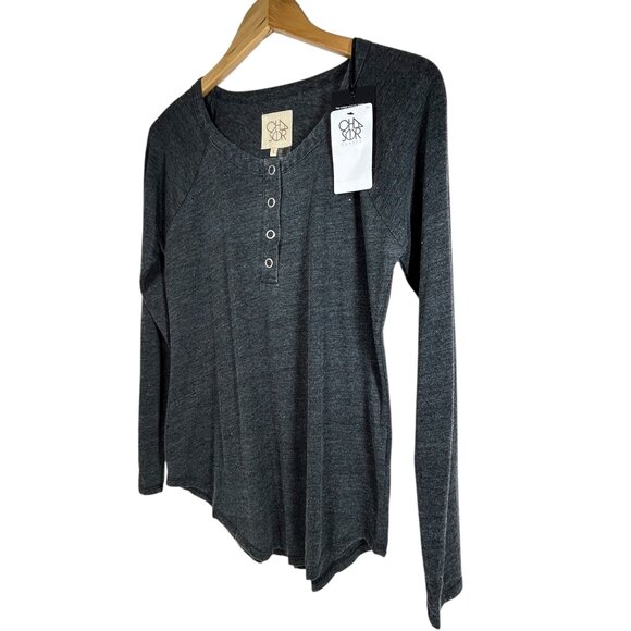 Chaser Top Women L Henley Shirttail Long Sleeve Heather Black Shirt Casual Norm - Picture 2 of 8